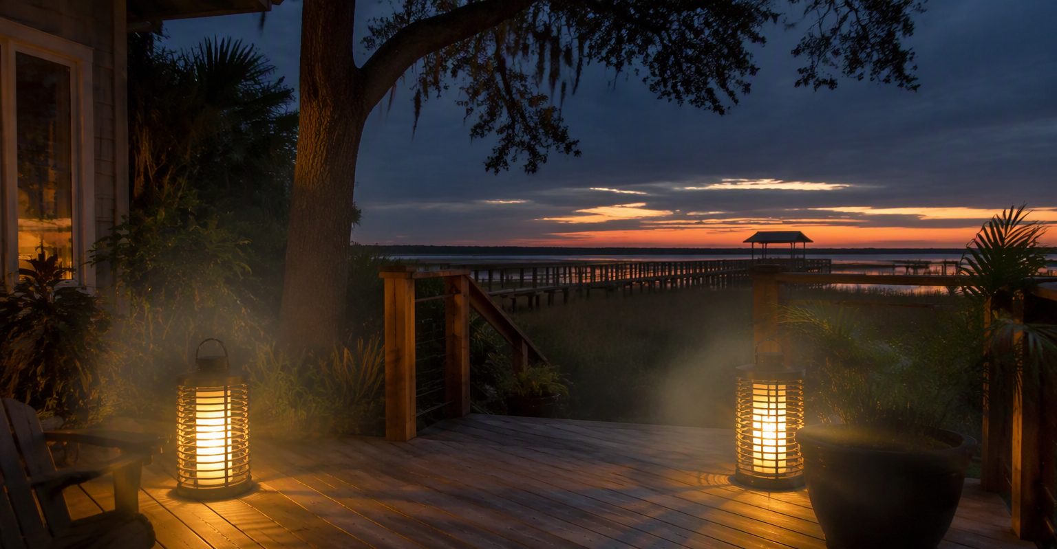 Marsh-side patio at dusk with lit lanterns overlooking coastal Georgia marsh grass