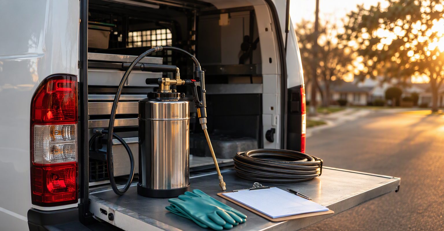 Pest control sprayer, gloves and clipboard arranged on a service van tailgate at golden hour