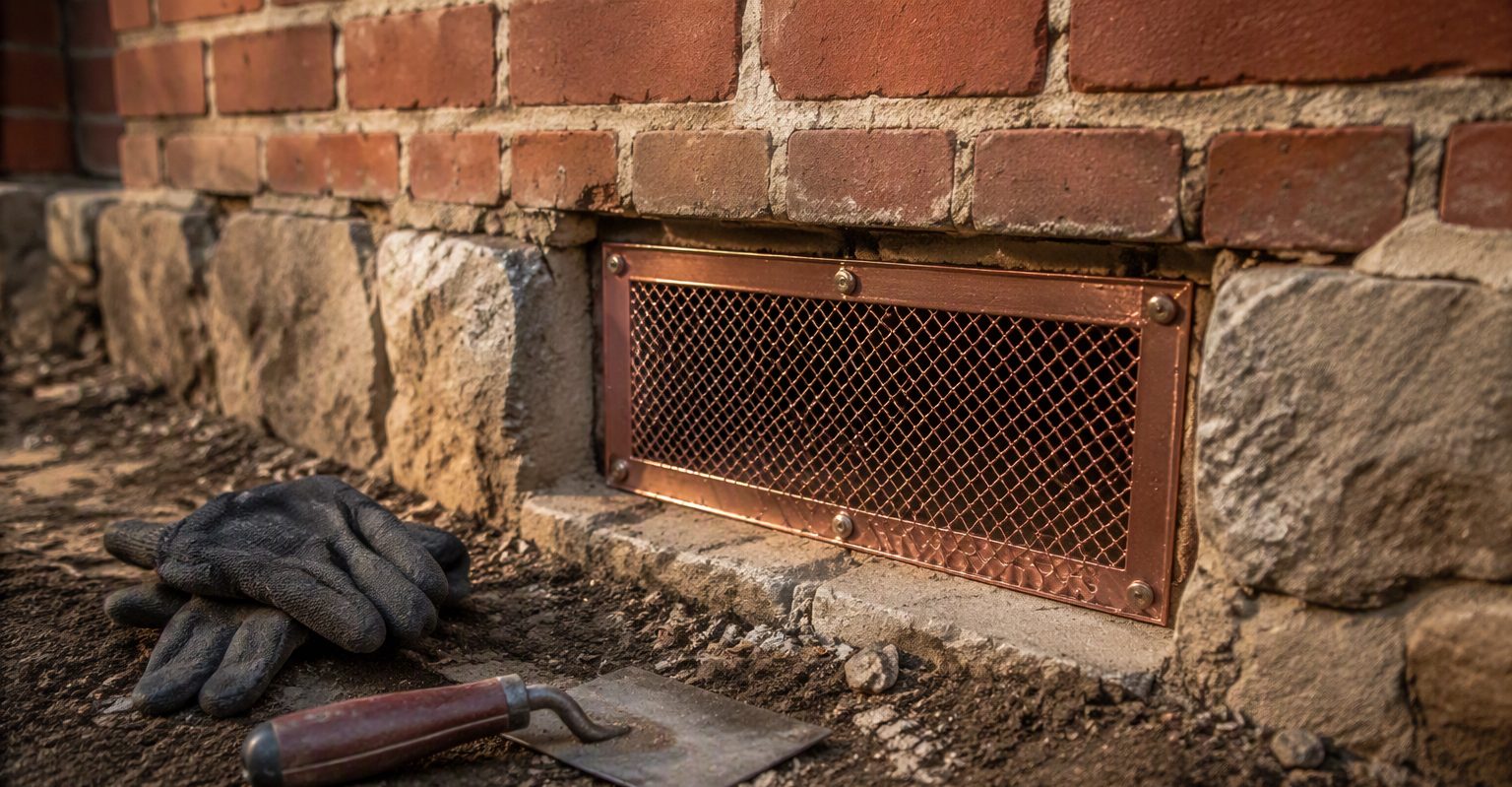 Copper mesh sealing a crawlspace vent opening on an old brick Savannah foundation